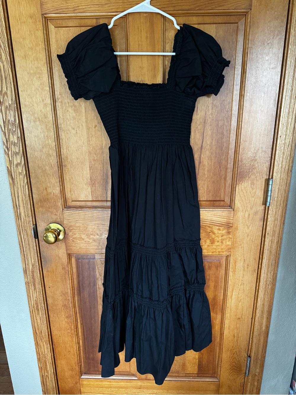 Black Smocked Puff-Sleeve Maxi Dress